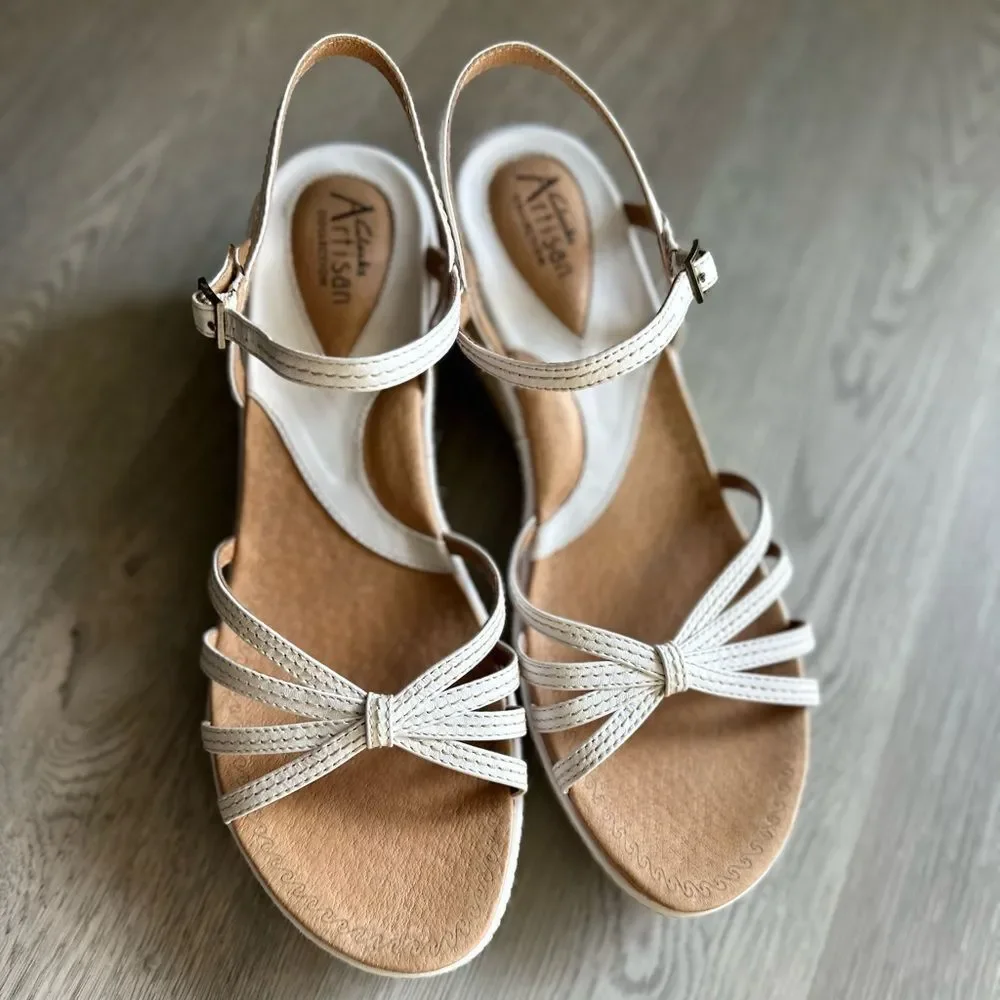Clarks Artisan White Leather Espadrille Wedge Sandals Ankle Strap Size 10